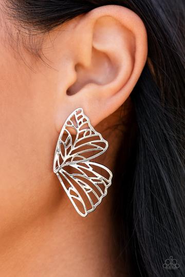 Paparazzi Butterfly Frill-Silver Life of the Party EXCLUSIVE Earrings