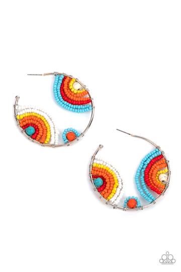 RAINBOW HORIZONS - MULTI WHITE ORANGE YELLOW BLUE RED SEED BEAD HOOP SILVER EARRINGS - PAPARAZZI - LIFE OF THE PARTY JULY 2021